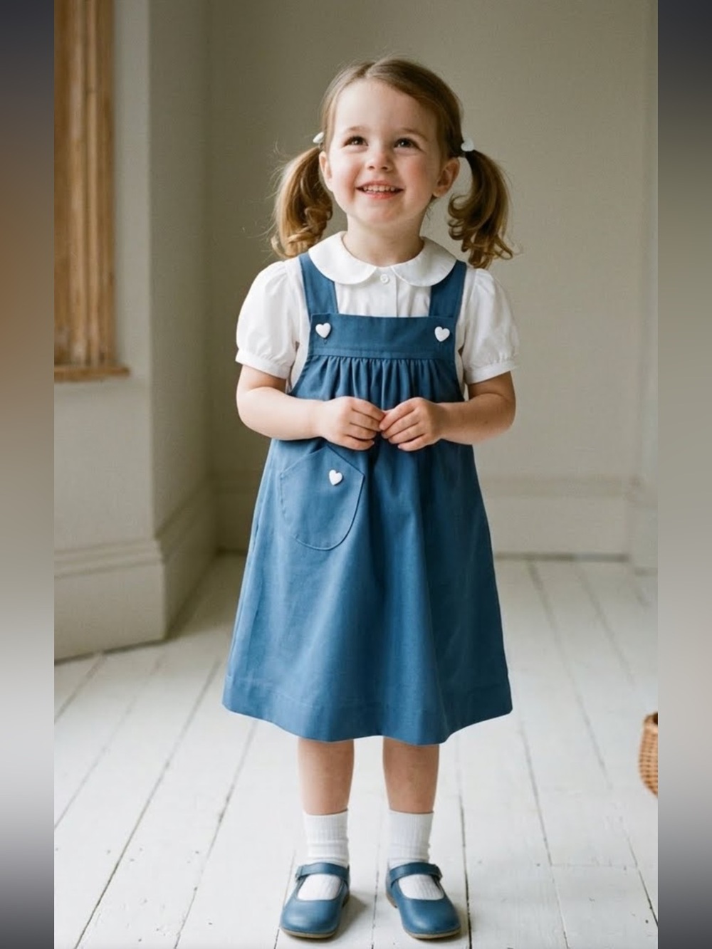 5T Vintage Jean Philippe Blue Pinafore Dress with Heart Button Details like new